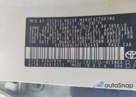 2015 Toyota Corolla Le Plus из США, поврежденный, VIN 5YFBURHE4FP185489